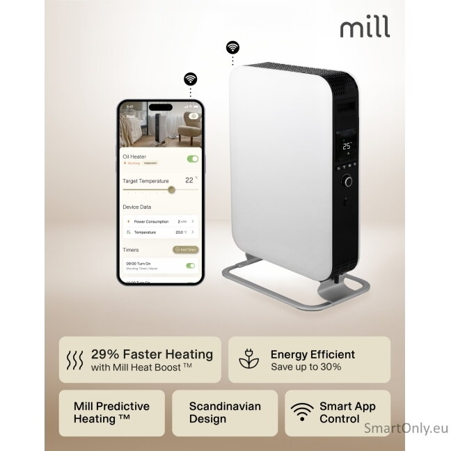 Mill | Heater | OIL2000WIFI3 GEN3 | Oil Filled Radiator | 2000 W | Number of power levels 3 | Suitable for rooms up to 24 m² | White/Black 11 Mill | Heater | OIL2000WIFI3 GEN3 | Oil Filled Radiator | 2000 W | Number of power levels 3 | Suitable for rooms up to 24 m² | White/Black 11