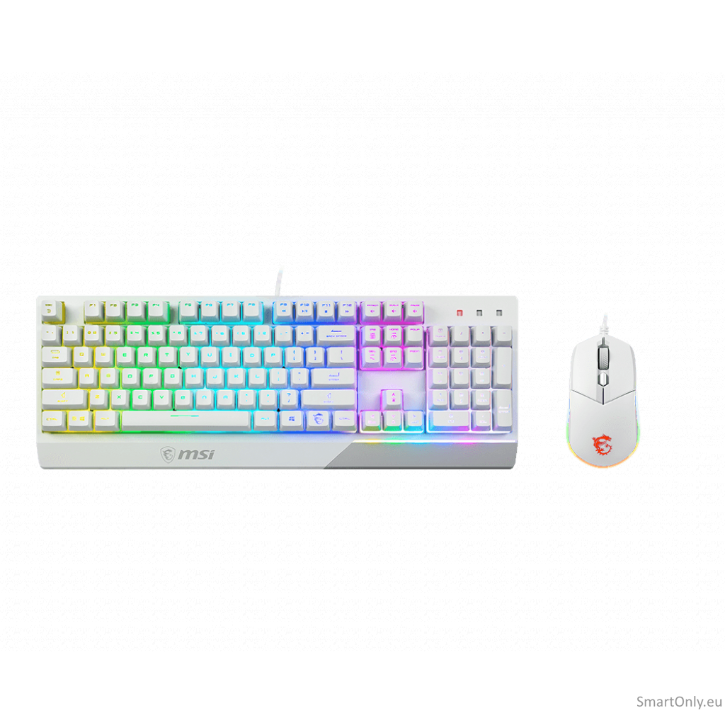 MSI Vigor GK30 COMBO WHITE Keyboard and Mouse Set Wired Mouse included Keyboard stunning RGB lighting effects in 6 areas. CLUTCH GM11 gaming mouse Stunning RGB lighting with over 7 lighting effects. 5-level DPI sensor matches with 5 different colors US Wh MSI Vigor GK30 COMBO WHITE Keyboard and Mouse Set Wired Mouse included Keyboard stunning RGB lighting effects in 6 areas. CLUTCH GM11 gaming mouse Stunning RGB lighting with over 7 lighting effects. 5-level DPI sensor matches with 5 different colors US Wh