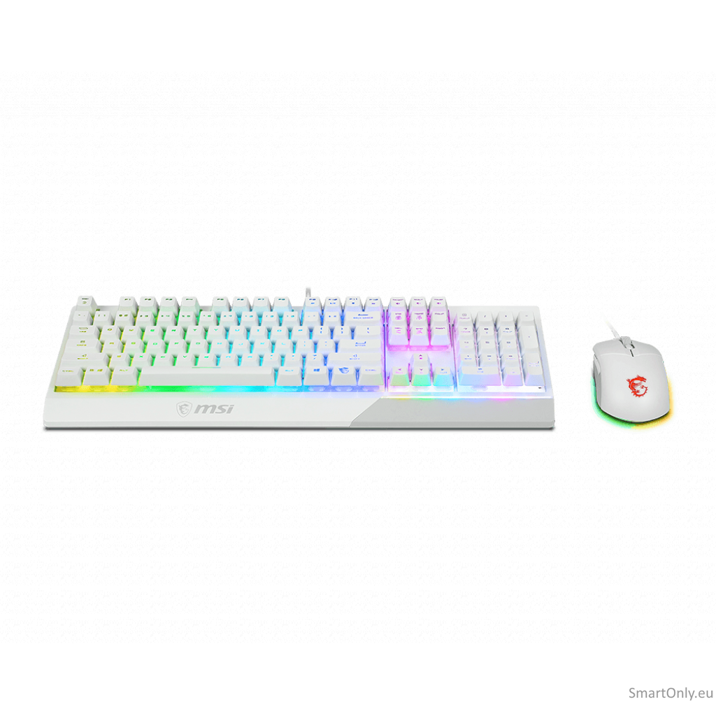 MSI Vigor GK30 COMBO WHITE Keyboard and Mouse Set Wired Mouse included Keyboard stunning RGB lighting effects in 6 areas. CLUTCH GM11 gaming mouse Stunning RGB lighting with over 7 lighting effects. 5-level DPI sensor matches with 5 different colors US Wh 2 MSI Vigor GK30 COMBO WHITE Keyboard and Mouse Set Wired Mouse included Keyboard stunning RGB lighting effects in 6 areas. CLUTCH GM11 gaming mouse Stunning RGB lighting with over 7 lighting effects. 5-level DPI sensor matches with 5 different colors US Wh 2