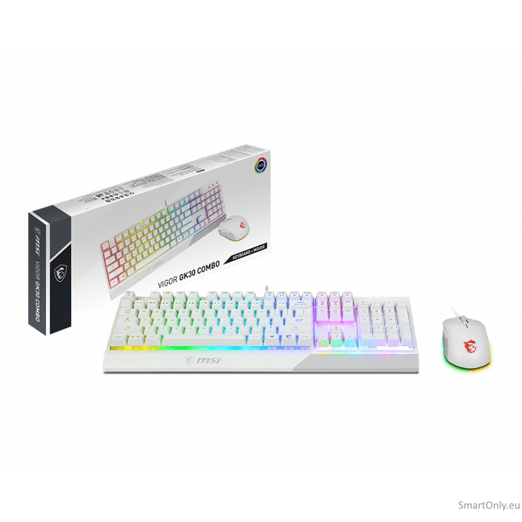 MSI Vigor GK30 COMBO WHITE Keyboard and Mouse Set Wired Mouse included Keyboard stunning RGB lighting effects in 6 areas. CLUTCH GM11 gaming mouse Stunning RGB lighting with over 7 lighting effects. 5-level DPI sensor matches with 5 different colors US Wh 4 MSI Vigor GK30 COMBO WHITE Keyboard and Mouse Set Wired Mouse included Keyboard stunning RGB lighting effects in 6 areas. CLUTCH GM11 gaming mouse Stunning RGB lighting with over 7 lighting effects. 5-level DPI sensor matches with 5 different colors US Wh 4