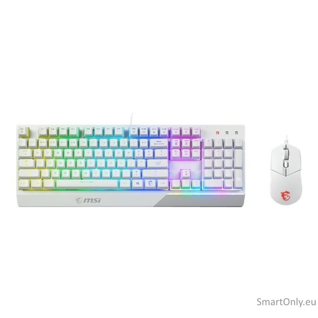 MSI Vigor GK30 COMBO WHITE Keyboard and Mouse Set Wired Mouse included Keyboard stunning RGB lighting effects in 6 areas. CLUTCH GM11 gaming mouse Stunning RGB lighting with over 7 lighting effects. 5-level DPI sensor matches with 5 different colors US Wh 5 MSI Vigor GK30 COMBO WHITE Keyboard and Mouse Set Wired Mouse included Keyboard stunning RGB lighting effects in 6 areas. CLUTCH GM11 gaming mouse Stunning RGB lighting with over 7 lighting effects. 5-level DPI sensor matches with 5 different colors US Wh 5