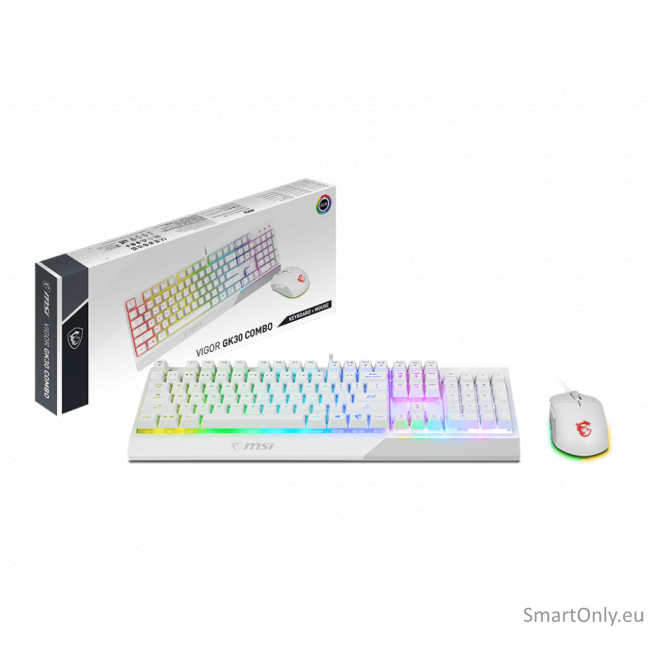 MSI Vigor GK30 COMBO WHITE Keyboard and Mouse Set Wired Mouse included Keyboard stunning RGB lighting effects in 6 areas. CLUTCH GM11 gaming mouse Stunning RGB lighting with over 7 lighting effects. 5-level DPI sensor matches with 5 different colors US Wh 4