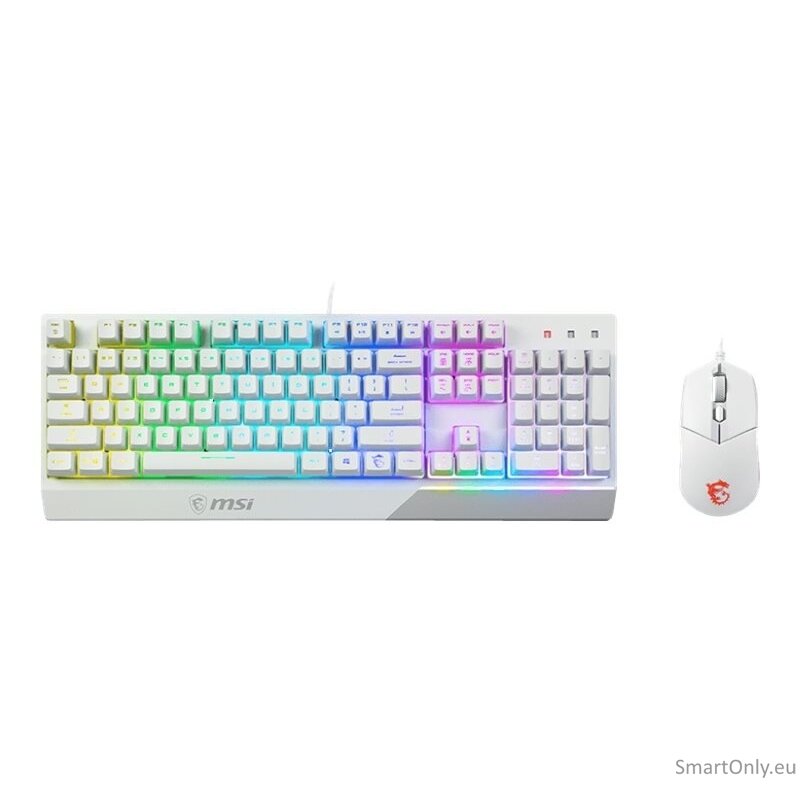 MSI Vigor GK30 COMBO WHITE Keyboard and Mouse Set Wired Mouse included Keyboard stunning RGB lighting effects in 6 areas. CLUTCH GM11 gaming mouse Stunning RGB lighting with over 7 lighting effects. 5-level DPI sensor matches with 5 different colors US Wh 5 MSI Vigor GK30 COMBO WHITE Keyboard and Mouse Set Wired Mouse included Keyboard stunning RGB lighting effects in 6 areas. CLUTCH GM11 gaming mouse Stunning RGB lighting with over 7 lighting effects. 5-level DPI sensor matches with 5 different colors US Wh 5