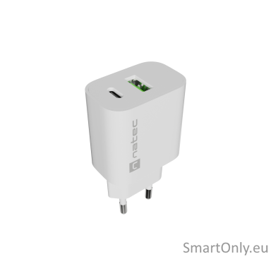 Natec Ribera USB Charger 1X USB-A + 1X USB-C 20W, White