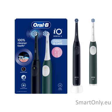 Oral-B Electric Toothbrush, Duo pack | iO2 Series | Rechargeable | For adults | Number of brush heads included 2 | Number of teeth brushing modes 3 | Night Black and Green Forest