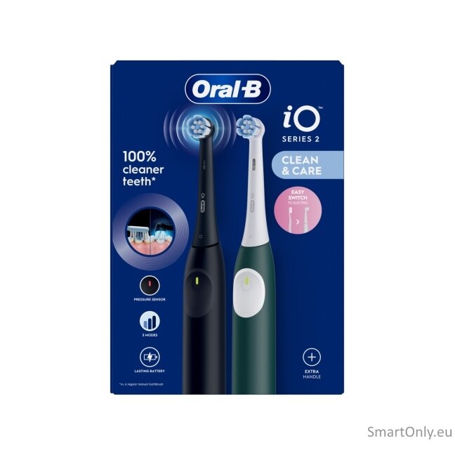 Oral-B Electric Toothbrush, Duo pack | iO2 Series | Rechargeable | For adults | Number of brush heads included 2 | Number of teeth brushing modes 3 | Night Black and Green Forest 2 Oral-B Electric Toothbrush, Duo pack | iO2 Series | Rechargeable | For adults | Number of brush heads included 2 | Number of teeth brushing modes 3 | Night Black and Green Forest 2
