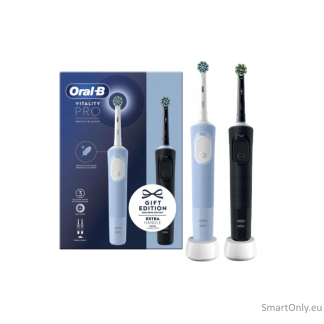 Oral-B Electric Toothbrushes | Vitality Pro Duo | Rechargeable | For adults | Number of brush heads included 2 | Number of teeth brushing modes 3 | Black/Blue White Oral-B Electric Toothbrushes | Vitality Pro Duo | Rechargeable | For adults | Number of brush heads included 2 | Number of teeth brushing modes 3 | Black/Blue White