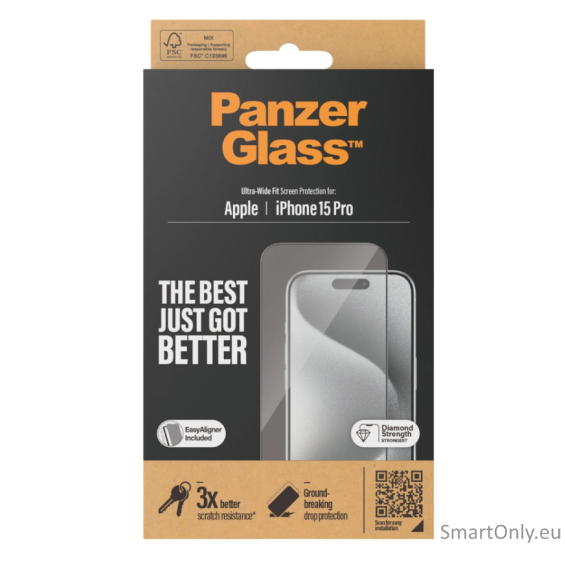 PanzerGlass Screen protector, Apple, iPhone 15 Pro, Glass, Clear, Ultra-Wide Fit 1 PanzerGlass Screen protector, Apple, iPhone 15 Pro, Glass, Clear, Ultra-Wide Fit 1