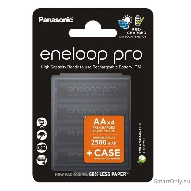 Panasonic Eneloop Pro AA 2500mAh 4BL įkraunamos baterijos 4 vnt. ir baterijų dėklas 2 Panasonic Eneloop Pro AA 2500mAh 4BL įkraunamos baterijos 4 vnt. ir baterijų dėklas 2