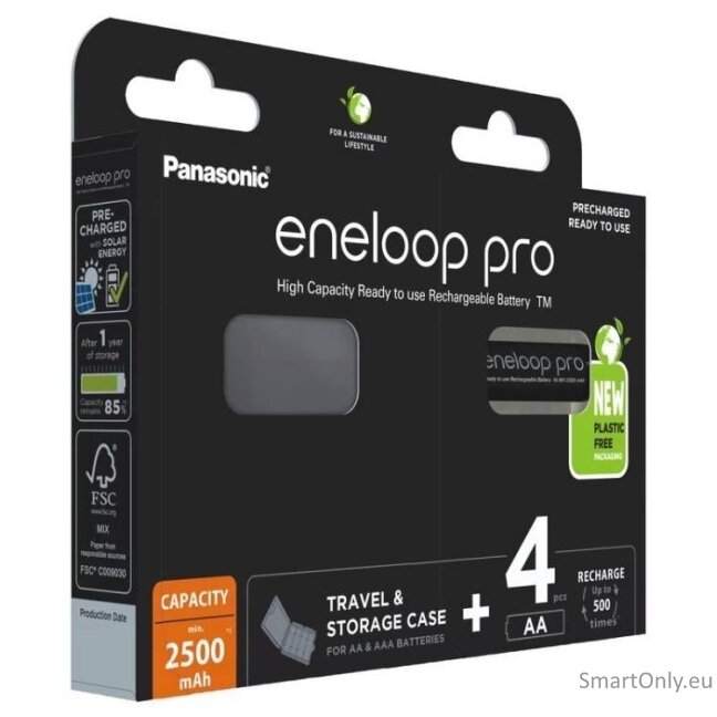 Panasonic Eneloop Pro AA 2500mAh 4BL įkraunamos baterijos 4 vnt. ir baterijų dėklas Panasonic Eneloop Pro AA 2500mAh 4BL įkraunamos baterijos 4 vnt. ir baterijų dėklas