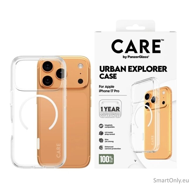 PanzerGlass Flagship Case | Back cover | Apple | iPhone 17 Pro | Recycled plastic | Transparent | Urban Explorer w. White MagSafe 2 PanzerGlass Flagship Case | Back cover | Apple | iPhone 17 Pro | Recycled plastic | Transparent | Urban Explorer w. White MagSafe 2