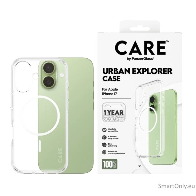 PanzerGlass Flagship Case | Back cover | Apple | iPhone 17 | Recycled plastic | Transparent | Urban Explorer w. White MagSafe 2 PanzerGlass Flagship Case | Back cover | Apple | iPhone 17 | Recycled plastic | Transparent | Urban Explorer w. White MagSafe 2