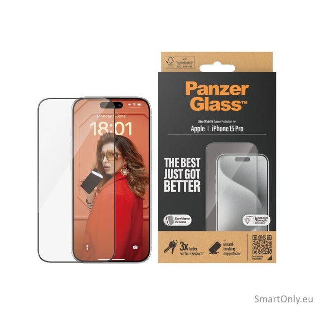PanzerGlass Screen protector, Apple, iPhone 15 Pro, Glass, Clear, Ultra-Wide Fit 4 PanzerGlass Screen protector, Apple, iPhone 15 Pro, Glass, Clear, Ultra-Wide Fit 4