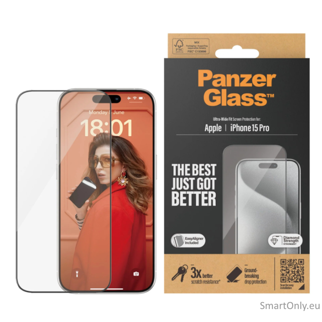 PanzerGlass Screen protector, Apple, iPhone 15 Pro, Glass, Clear, Ultra-Wide Fit PanzerGlass Screen protector, Apple, iPhone 15 Pro, Glass, Clear, Ultra-Wide Fit
