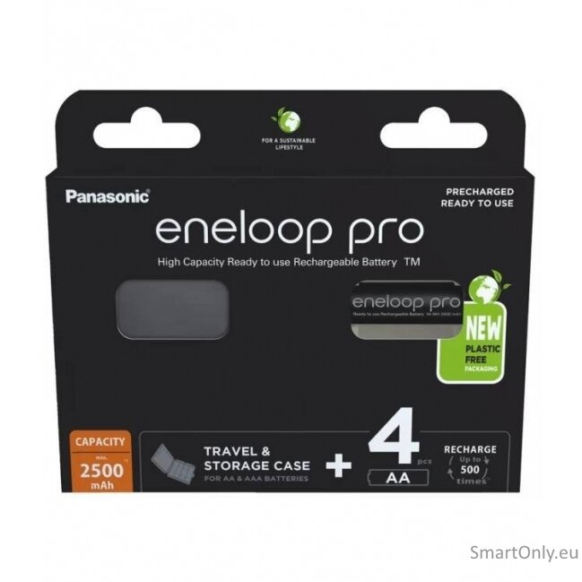 Panasonic Eneloop Pro AA 2500mAh 4BL įkraunamos baterijos 4 vnt. ir baterijų dėklas 1 Panasonic Eneloop Pro AA 2500mAh 4BL įkraunamos baterijos 4 vnt. ir baterijų dėklas 1