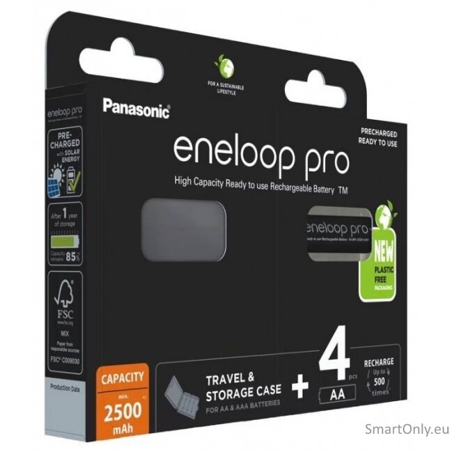 Panasonic Eneloop Pro AA 2500mAh 4BL įkraunamos baterijos 4 vnt. ir baterijų dėklas Panasonic Eneloop Pro AA 2500mAh 4BL įkraunamos baterijos 4 vnt. ir baterijų dėklas