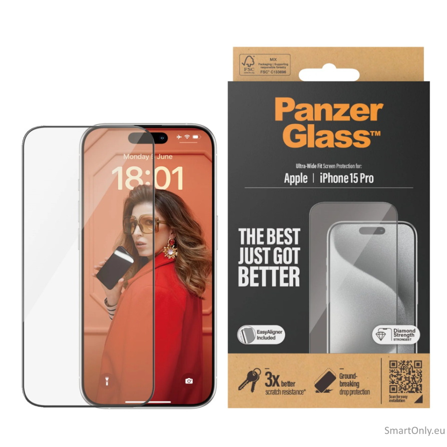 PanzerGlass Screen protector, Apple, iPhone 15 Pro, Glass, Clear, Ultra-Wide Fit PanzerGlass Screen protector, Apple, iPhone 15 Pro, Glass, Clear, Ultra-Wide Fit