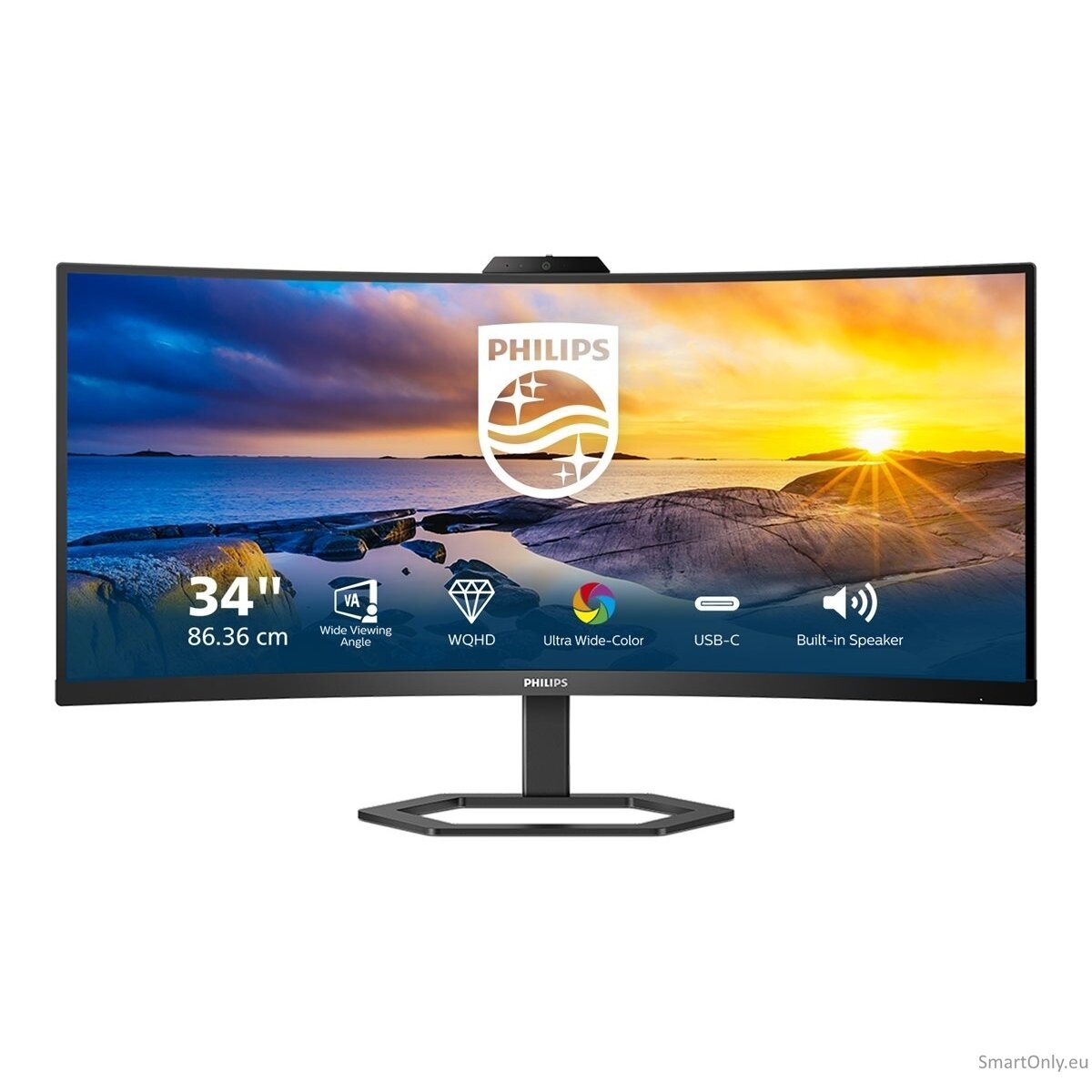 Philips | Monitor with Windows Hello Webcam | 34E1C5600HE/00 | 34 " | VA | 21:9 | 100 Hz | 4 ms | 3440 x 1440 pixels | 300 cd/m² | HDMI ports quantity 1 | Black | Warranty 36 month(s) 26