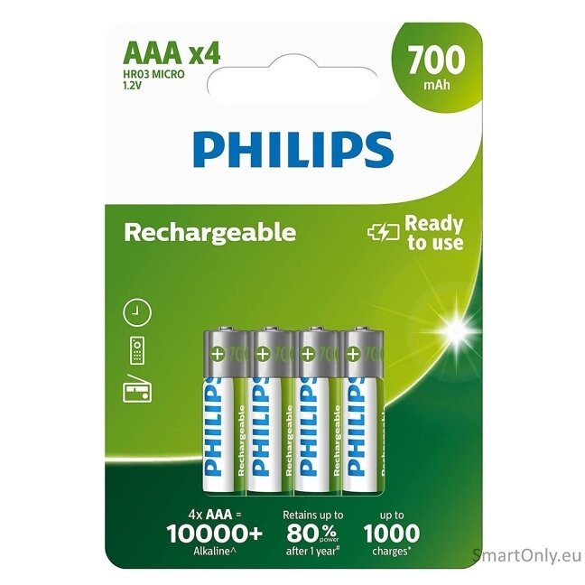 Philips HR03 AAA 700mAh įkraunamos baterijos 4 vnt. Philips HR03 AAA 700mAh įkraunamos baterijos 4 vnt.