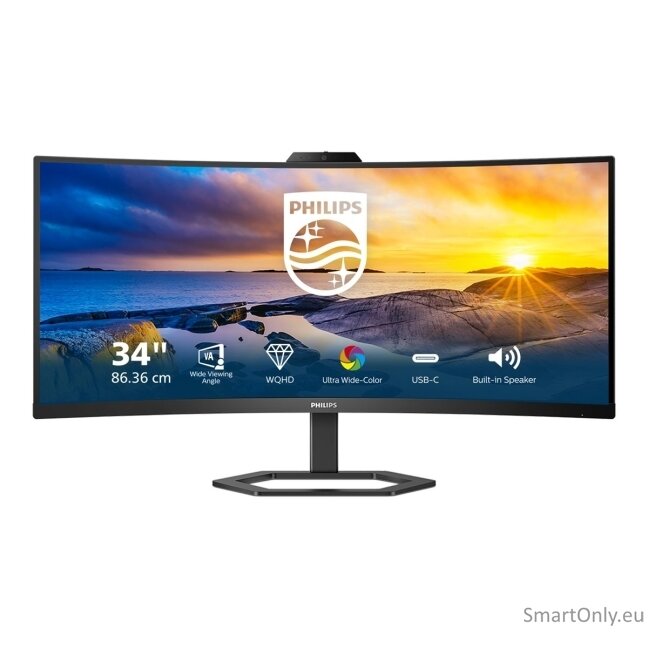Philips | Monitor with Windows Hello Webcam | 34E1C5600HE/00 | 34 " | VA | 21:9 | 100 Hz | 4 ms | 3440 x 1440 pixels | 300 cd/m² | HDMI ports quantity 1 | Black | Warranty 36 month(s) 17