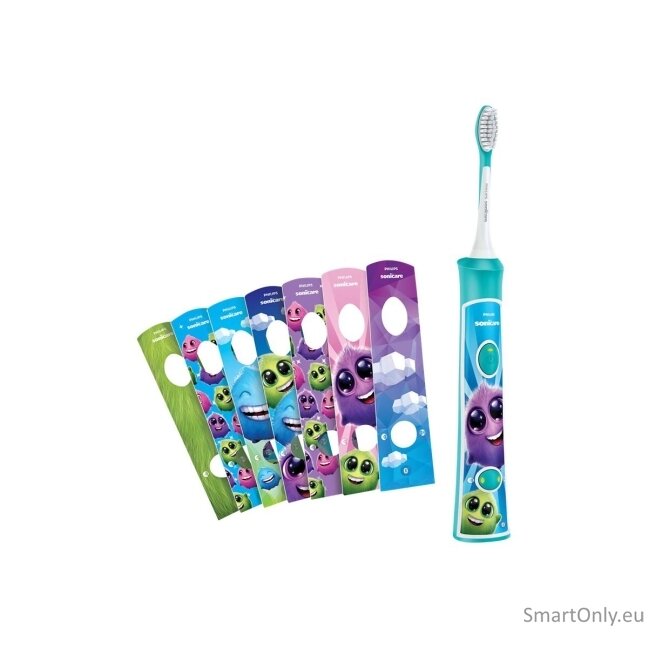 Philips Sonic Electric toothbrush HX6322/04 For kids, Rechargeable, Sonic technology, Teeth brushing modes 2, Number of brush heads included 2, Aqua 10 Philips Sonic Electric toothbrush HX6322/04 For kids, Rechargeable, Sonic technology, Teeth brushing modes 2, Number of brush heads included 2, Aqua 10