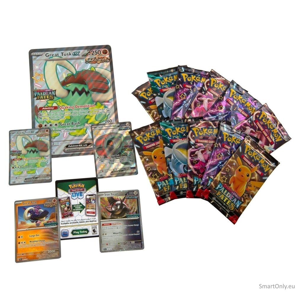 Pokemon Scarlet & Violet: Paldean Fates Great Tusk ex & Iron Threads ex Premium Collection rinkinys 1 Pokemon Scarlet & Violet: Paldean Fates Great Tusk ex & Iron Threads ex Premium Collection rinkinys 1