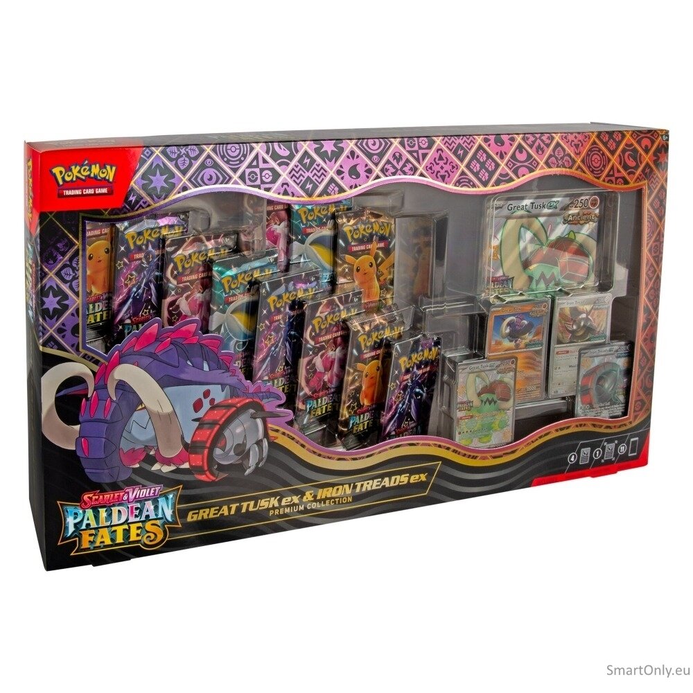 Pokemon Scarlet & Violet: Paldean Fates Great Tusk ex & Iron Threads ex Premium Collection rinkinys 3 Pokemon Scarlet & Violet: Paldean Fates Great Tusk ex & Iron Threads ex Premium Collection rinkinys 3