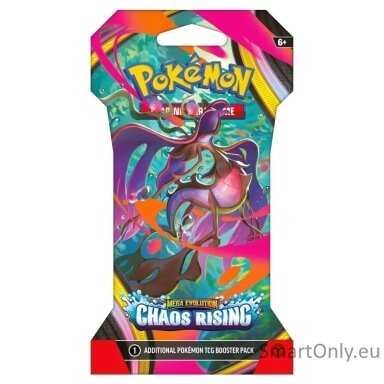 Pokemon Mega Evolution: Chaos Rising Sleeved Booster kortų papildymo pakuotė 1 vnt. Pokemon Mega Evolution: Chaos Rising Sleeved Booster kortų papildymo pakuotė 1 vnt.