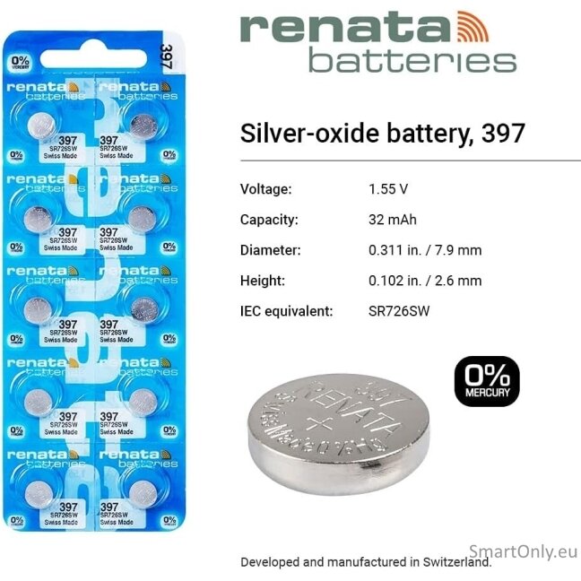Renata 397 (SR726SW) baterijos 10 vnt. 2 Renata 397 (SR726SW) baterijos 10 vnt. 2
