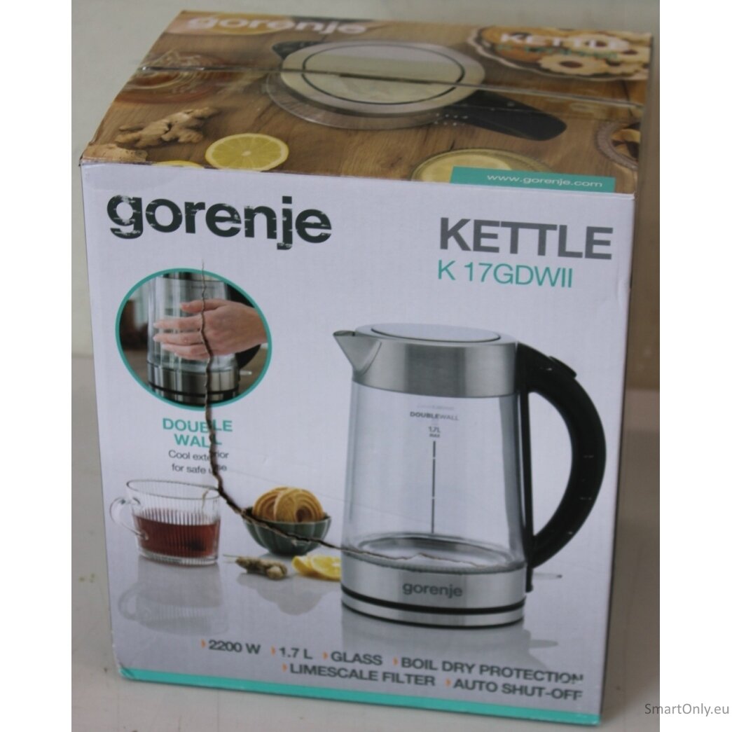 SALE OUT. Gorenje K17GDWII Kettle, Electric, Capacity 1.7 L, Power 2200 W, Stainless steel | SALE OUT. | Gorenje Kettle | K17GDWII | 2200 W | Electric | 1.7 L | 360° rotational base | Stainless steel/Glass | Stainless steel/Transparent | DAMAGED PACKAGING SALE OUT. Gorenje K17GDWII Kettle, Electric, Capacity 1.7 L, Power 2200 W, Stainless steel | SALE OUT. | Gorenje Kettle | K17GDWII | 2200 W | Electric | 1.7 L | 360° rotational base | Stainless steel/Glass | Stainless steel/Transparent | DAMAGED PACKAGING