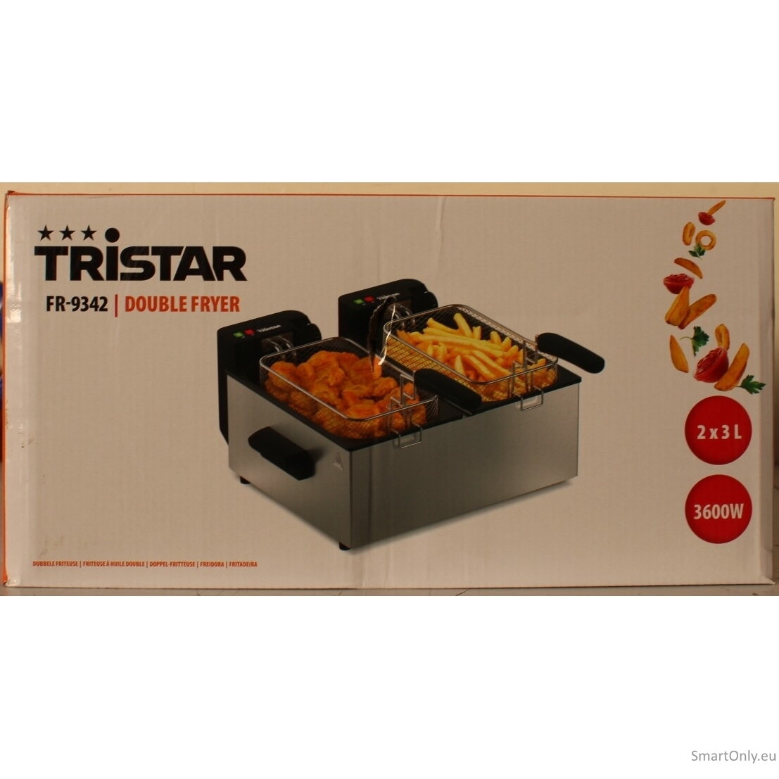 SALE OUT. Tristar FR-9342 Double deep fryer, Total capacity 6 L, 3600 W, Stainless Steel/Black | Tristar Double deep fryer | FR-9342 | Power 3600 W | Capacity 6 L | Silver | DAMAGED PACKAGING, DENTED BODY (BACKSIDE, BOTTOM) | 24 month(s) SALE OUT. Tristar FR-9342 Double deep fryer, Total capacity 6 L, 3600 W, Stainless Steel/Black | Tristar Double deep fryer | FR-9342 | Power 3600 W | Capacity 6 L | Silver | DAMAGED PACKAGING, DENTED BODY (BACKSIDE, BOTTOM) | 24 month(s)