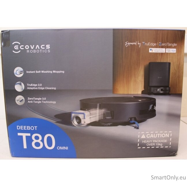 SALE OUT. Ecovacs DEEBOT T80 OMNI Vacuum cleaner, Robot, Wet&Dry, 18000Pa, TruEdge 2.0, ZeroTangle 3.0, Carpet Care, Black + Auto-empty stat | Ecovacs Robotic Vacuum Cleaner | DEEBOT T80 OMNI | Wet&Dry | Li-ion | 6400 mAh | Dust capacity 0.22 L | 18000 Pa