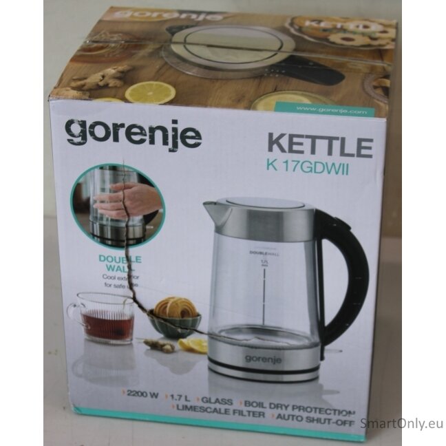 SALE OUT. Gorenje K17GDWII Kettle, Electric, Capacity 1.7 L, Power 2200 W, Stainless steel | SALE OUT. | Gorenje Kettle | K17GDWII | 2200 W | Electric | 1.7 L | 360° rotational base | Stainless steel/Glass | Stainless steel/Transparent | DAMAGED PACKAGING SALE OUT. Gorenje K17GDWII Kettle, Electric, Capacity 1.7 L, Power 2200 W, Stainless steel | SALE OUT. | Gorenje Kettle | K17GDWII | 2200 W | Electric | 1.7 L | 360° rotational base | Stainless steel/Glass | Stainless steel/Transparent | DAMAGED PACKAGING