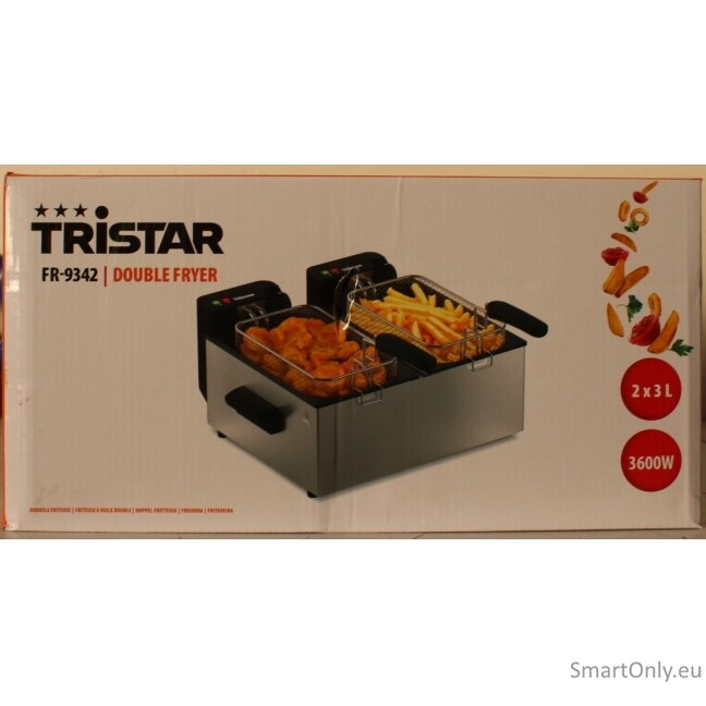 SALE OUT. Tristar FR-9342 Double deep fryer, Total capacity 6 L, 3600 W, Stainless Steel/Black | Tristar Double deep fryer | FR-9342 | Power 3600 W | Capacity 6 L | Silver | DAMAGED PACKAGING, DENTED BODY (BACKSIDE, BOTTOM) | 24 month(s) SALE OUT. Tristar FR-9342 Double deep fryer, Total capacity 6 L, 3600 W, Stainless Steel/Black | Tristar Double deep fryer | FR-9342 | Power 3600 W | Capacity 6 L | Silver | DAMAGED PACKAGING, DENTED BODY (BACKSIDE, BOTTOM) | 24 month(s)