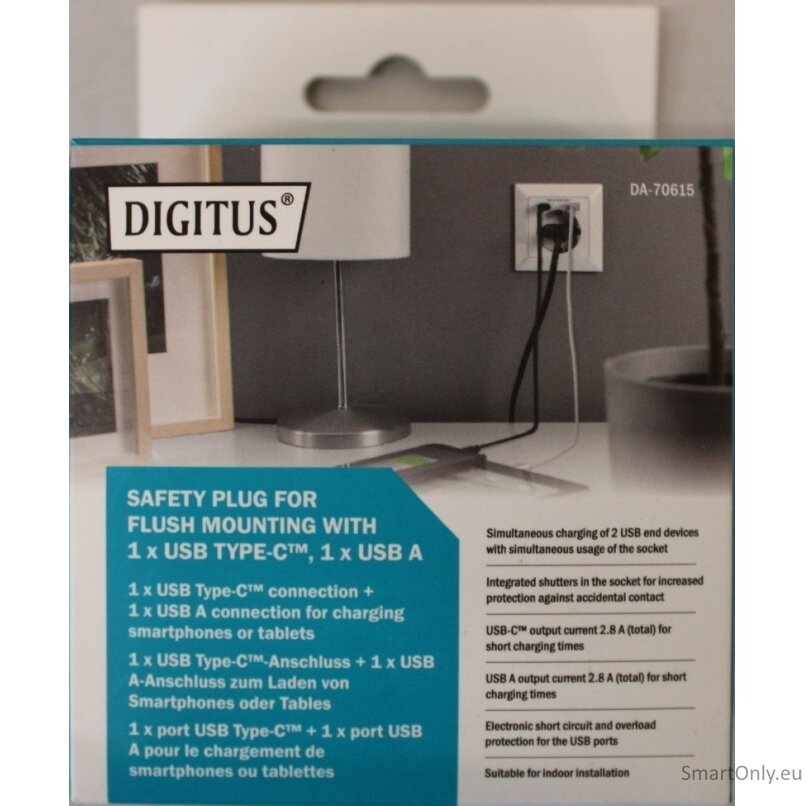SALE OUT. DIGITUS Safety Plug for Flush Mounting with 1 x USB Type-C, 1 x USB A | Digitus | Safety Plug for Flush Mounting with 1 x USB Type-C, 1 x USB A | DEMO | Warranty 24 month(s)