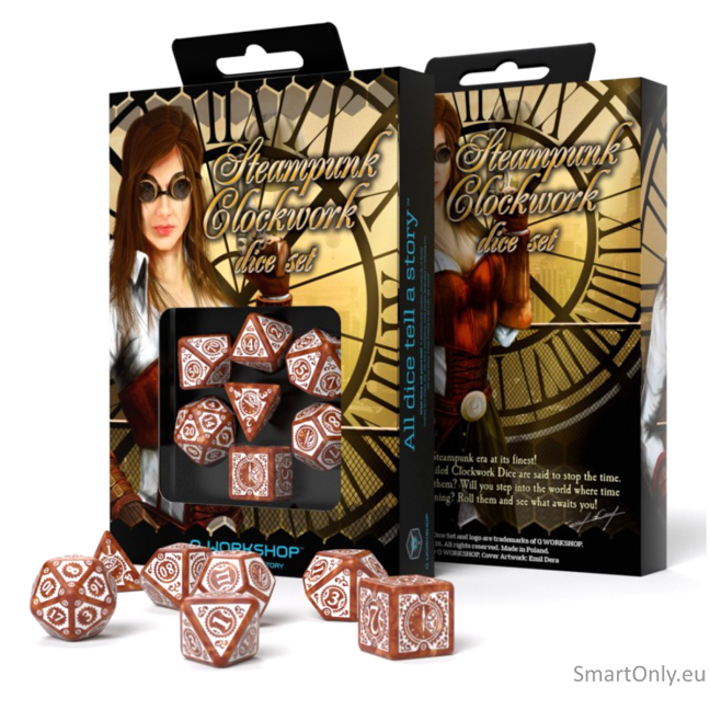 Steampunk Clockwork kauliukų rinkinys karamelinės ir baltos spalvos Steampunk Clockwork kauliukų rinkinys karamelinės ir baltos spalvos