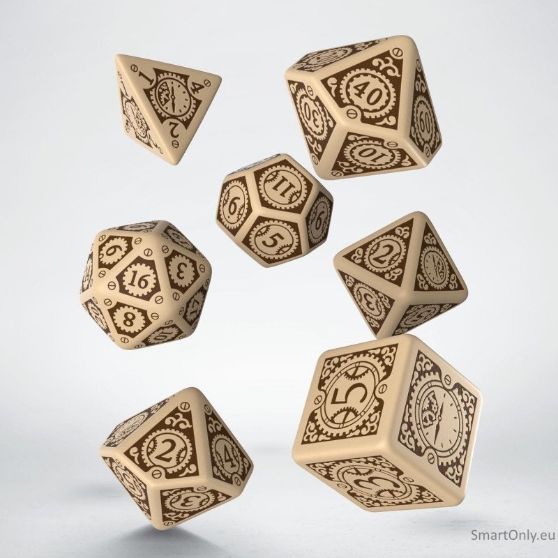 Steampunk Clockwork kauliukų rinkinys smėlio ir rudos spalvos 5 Steampunk Clockwork kauliukų rinkinys smėlio ir rudos spalvos 5
