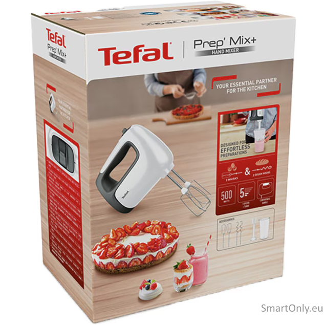 TEFAL | Hand mixer | HT461138 Prep'Mix+ | Hand Mixer | 500 W | Number of speeds 5 | Turbo mode | White/Grey 1 TEFAL | Hand mixer | HT461138 Prep'Mix+ | Hand Mixer | 500 W | Number of speeds 5 | Turbo mode | White/Grey 1