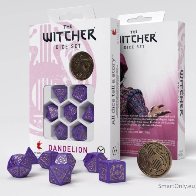 The Witcher Dandelion Viscount de Lettenhove kauliukų rinkinys violetinės ir auksinės sp The Witcher Dandelion Viscount de Lettenhove kauliukų rinkinys violetinės ir auksinės sp