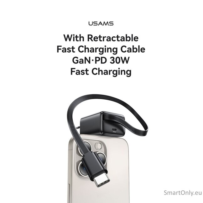 Usams CC241 30W PD QC kroviklis su ištraukiamu laidu Black 1