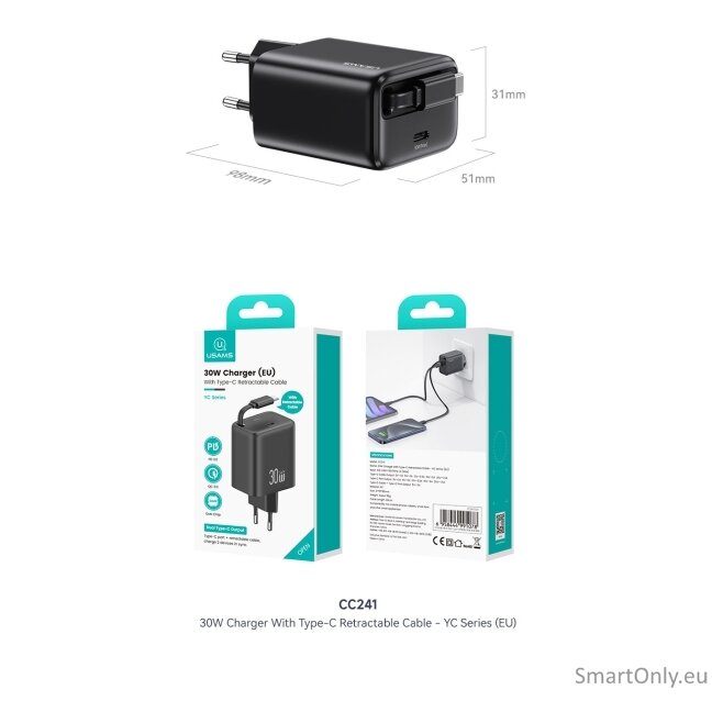 Usams CC241 30W PD QC kroviklis su ištraukiamu laidu Black 8