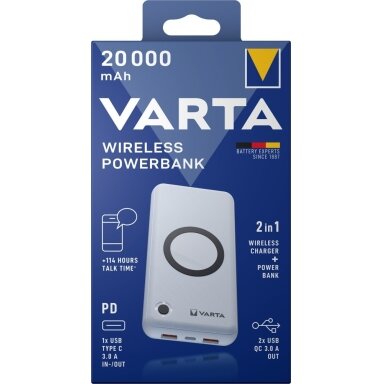 Varta Wireless Power bank-charger Energy 20000mAh 57909 išorinė baterija (powerbank)-pakrovėjas Varta Wireless Power bank-charger Energy 20000mAh 57909 išorinė baterija (powerbank)-pakrovėjas